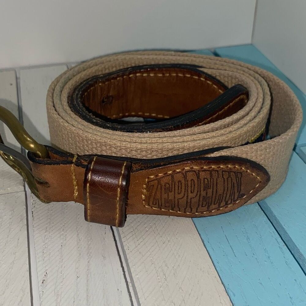 Zeppelin Canvas Leather Belt Nautical Flag Embroidered Brass Buckle Sz 44 USA
